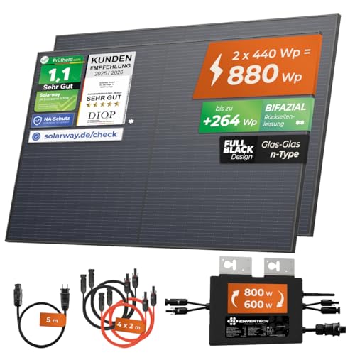 Solarway 870W Balkonkraftwerk 800W Komplett Steckdose - 600W/800W Ausgang einstellbar - 2 x 435W JaSolar-Module Full Black - 1 x Wechselrichter mit APP&WiFi (Ohne Halterung, Ohne Speicher) – Bild 2
