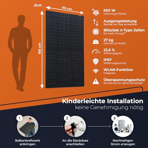 Solarway 1000W Balkonkraftwerk mit Speicher 1,6kWh Anker - 600/800W Ausgang einstellbar - 2 x 435W JaSolar-Module Full Black - 1 x Deye mit APP&WiFi - Plug&Play – Bild 10