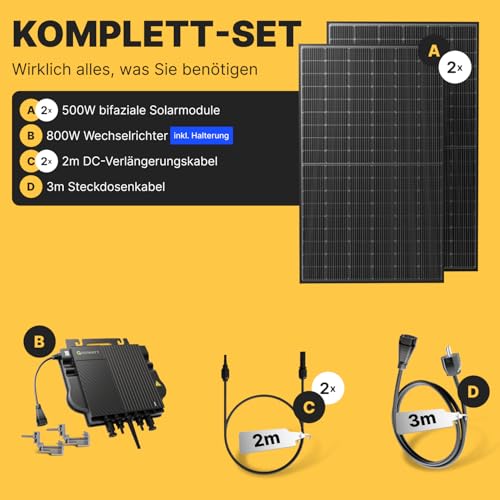 Solakon® 1000W Balkonkraftwerk - Balkonkraftwerk 800W komplett Steckdose - neuester 800 Watt Wechselrichter - Solaranlage Komplettset - 500W bifaziale Solarmodule inkl. Zubehör - 3m Kabel – Bild 4
