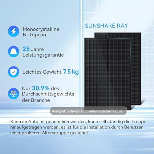 SUNSHARE Ray 200W Balkonkraftwerk mit Halterung (Geländer-Balkon/Balkonkrümmung) - Balkonkraftwerk 800W komplett Steckdose - neuester 800 Watt Wechselrichter - Solaranlage Komplettset - 5m Kabel – Bild 3