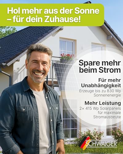 SCHWAIGER Balkonkraftwerk Komplettset 830 Wp I 2× 415 Wp Solarpanels inkl. Ständerwerk, 800W WiFi Wechselrichter, 5m Anschlusskabel I Plug & Play Solaranlage Photovoltaik für Balkon & Garten – Bild 2