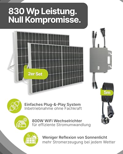 SCHWAIGER Balkonkraftwerk Komplettset 830 Wp I 2× 415 Wp Solarpanels inkl. Ständerwerk, 800W WiFi Wechselrichter, 5m Anschlusskabel I Plug & Play Solaranlage Photovoltaik für Balkon & Garten – Bild 3