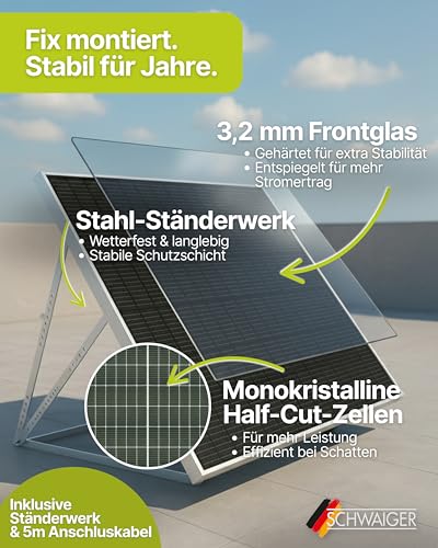 SCHWAIGER Balkonkraftwerk Komplettset 830 Wp I 2× 415 Wp Solarpanels inkl. Ständerwerk, 800W WiFi Wechselrichter, 5m Anschlusskabel I Plug & Play Solaranlage Photovoltaik für Balkon & Garten – Bild 4